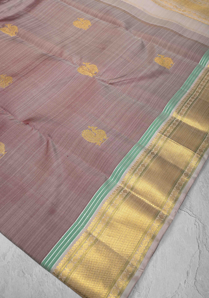Taupe Kanjivaram Pure Silk Saree with Zari Buttas and Contrast Zari Border | SILK MARK CERTIFIED