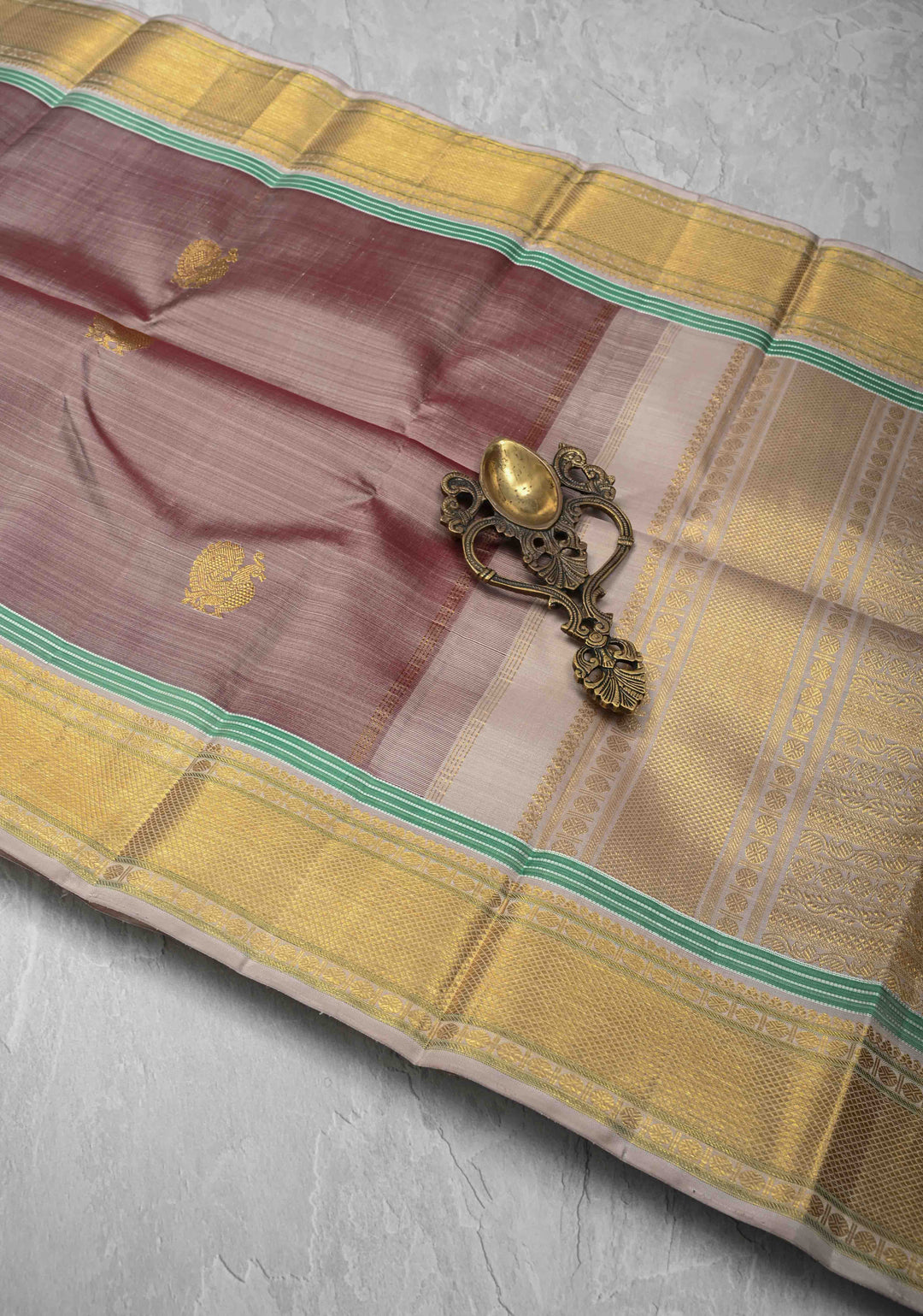 Taupe Kanjivaram Pure Silk Saree with Zari Buttas and Contrast Zari Border | SILK MARK CERTIFIED