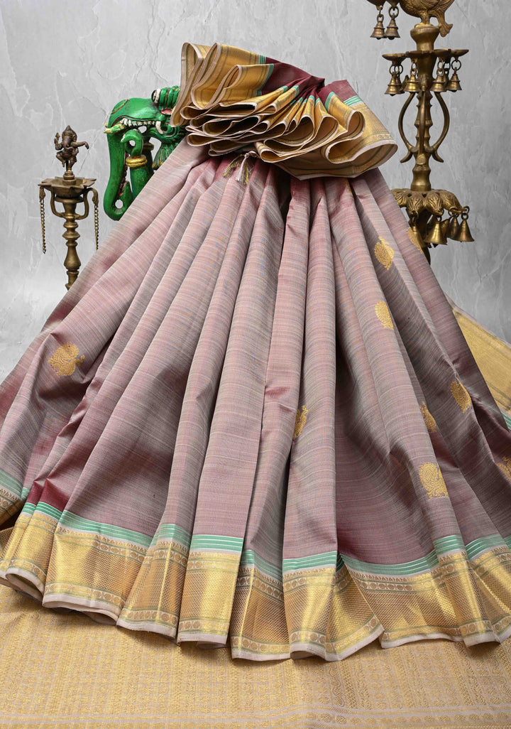 Taupe Kanjivaram Pure Silk Saree with Zari Buttas and Contrast Zari Border | SILK MARK CERTIFIED