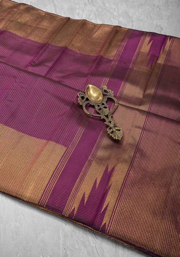 Grape Purple Kanjivaram Pure Silk Saree with Podi-Kattam Zari Checks and Zari Border | SILK MARK CERTIFIED