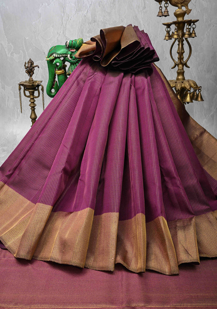 Grape Purple Kanjivaram Pure Silk Saree with Podi-Kattam Zari Checks and Zari Border | SILK MARK CERTIFIED