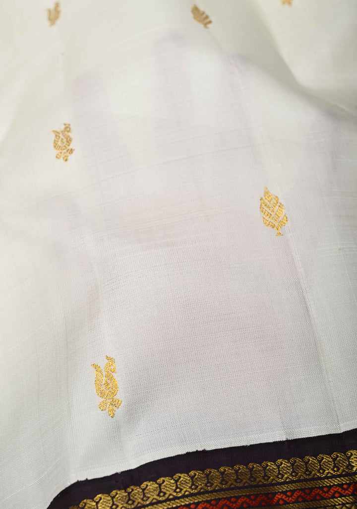 Ivory Kanjivaram Pure Silk Saree with Zari Buttas and Contrast Zari Border | SILK MARK CERTIFIED
