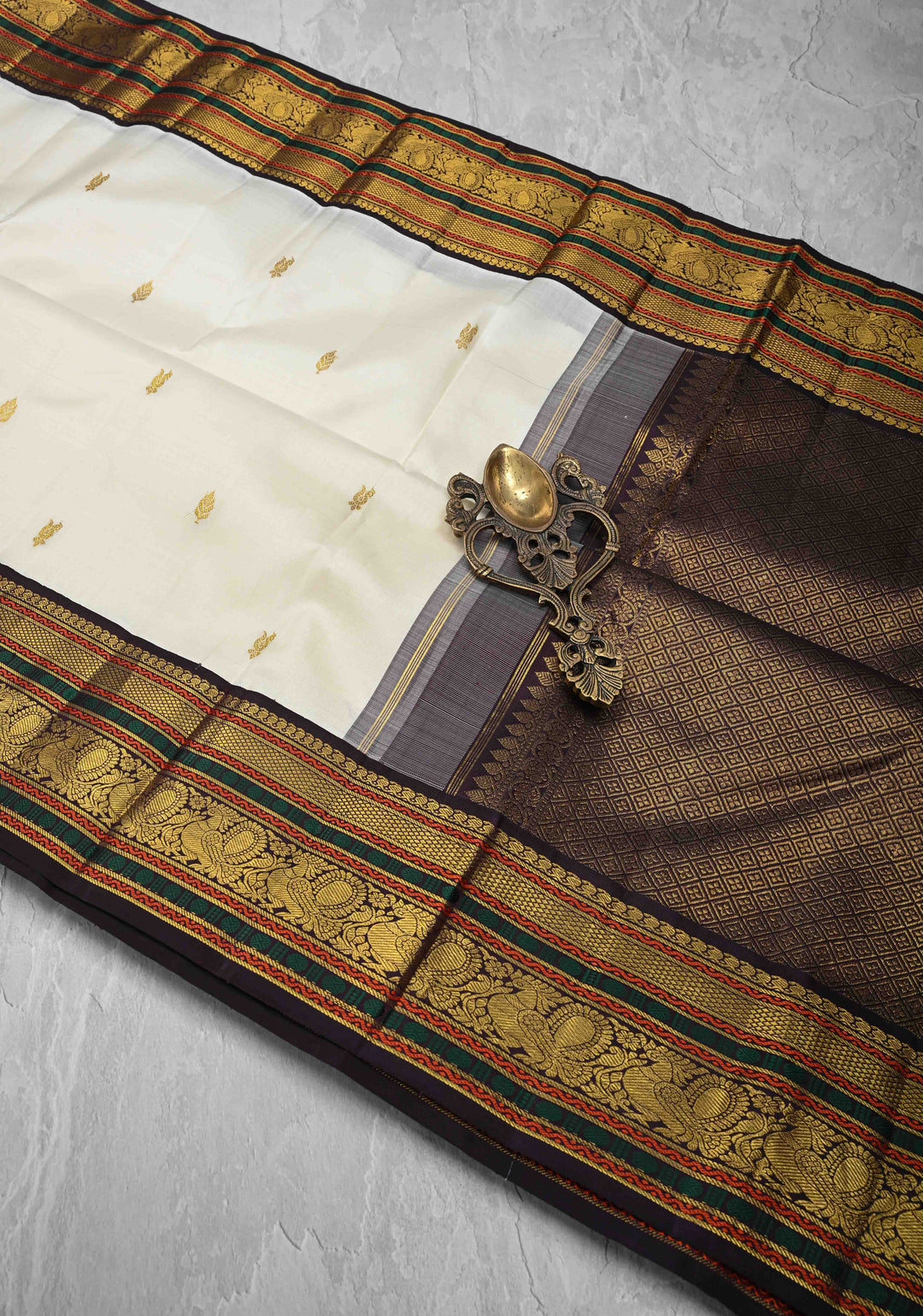 Ivory Kanjivaram Pure Silk Saree with Zari Buttas and Contrast Zari Border | SILK MARK CERTIFIED