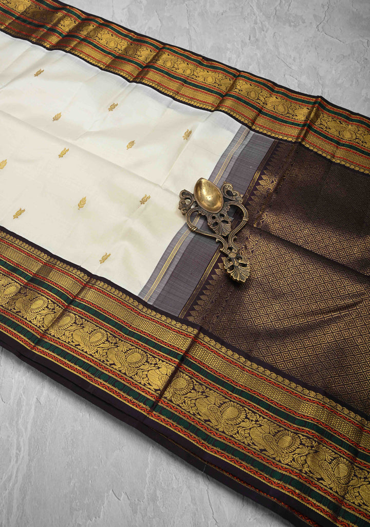 Ivory Kanjivaram Pure Silk Saree with Zari Buttas and Contrast Zari Border | SILK MARK CERTIFIED