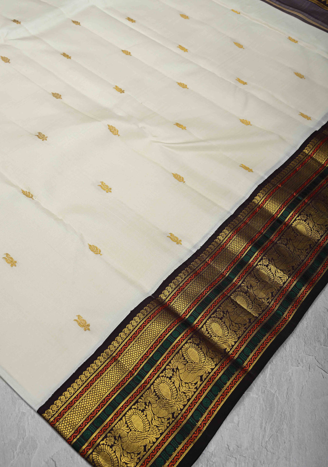 Ivory Kanjivaram Pure Silk Saree with Zari Buttas and Contrast Zari Border | SILK MARK CERTIFIED