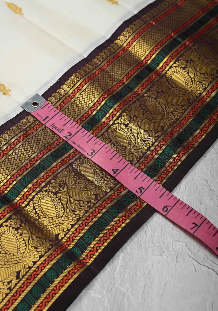 Ivory Kanjivaram Pure Silk Saree with Zari Buttas and Contrast Zari Border | SILK MARK CERTIFIED