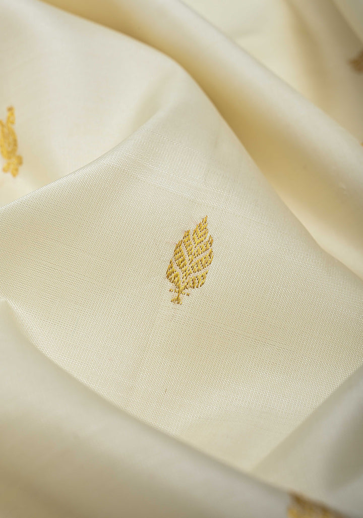 Ivory Kanjivaram Pure Silk Saree with Zari Buttas and Contrast Zari Border | SILK MARK CERTIFIED