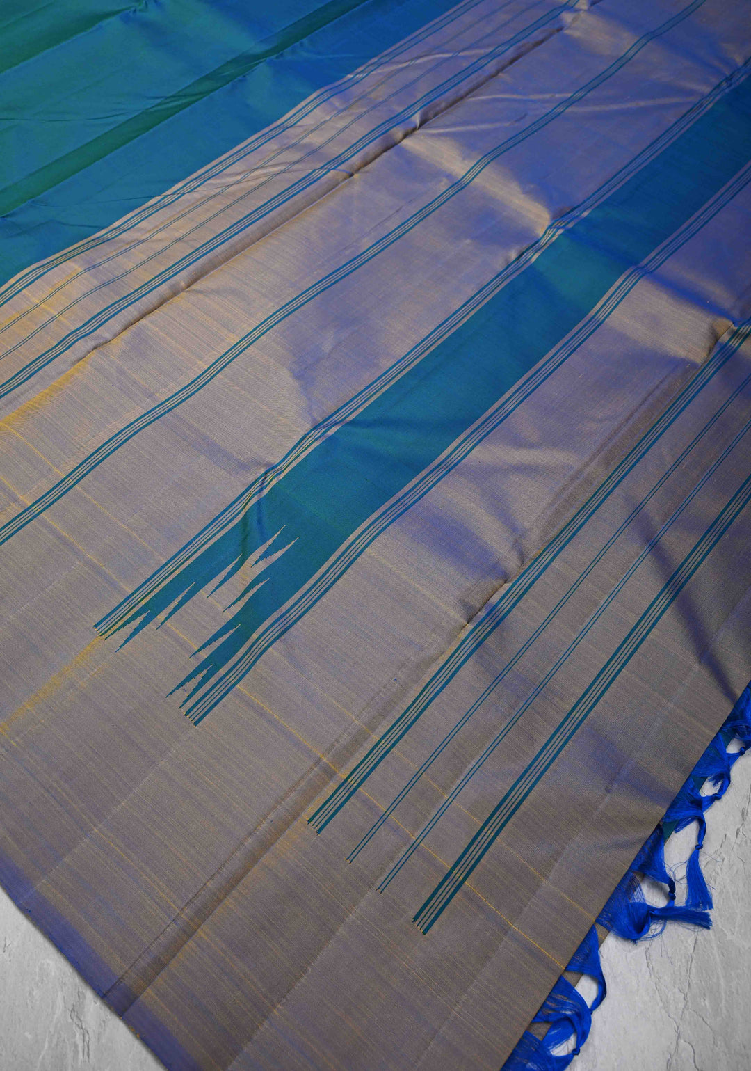 Peacock Blue and Green Dual tone Kanjivaram Pure Silk Saree with 2 side wide Silken Temple Border | SILK MARK CERTIFIED