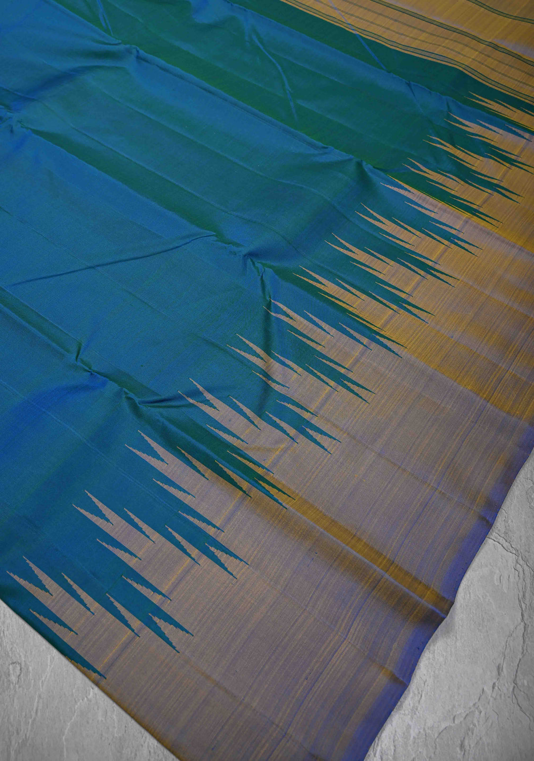 Peacock Blue and Green Dual tone Kanjivaram Pure Silk Saree with 2 side wide Silken Temple Border | SILK MARK CERTIFIED