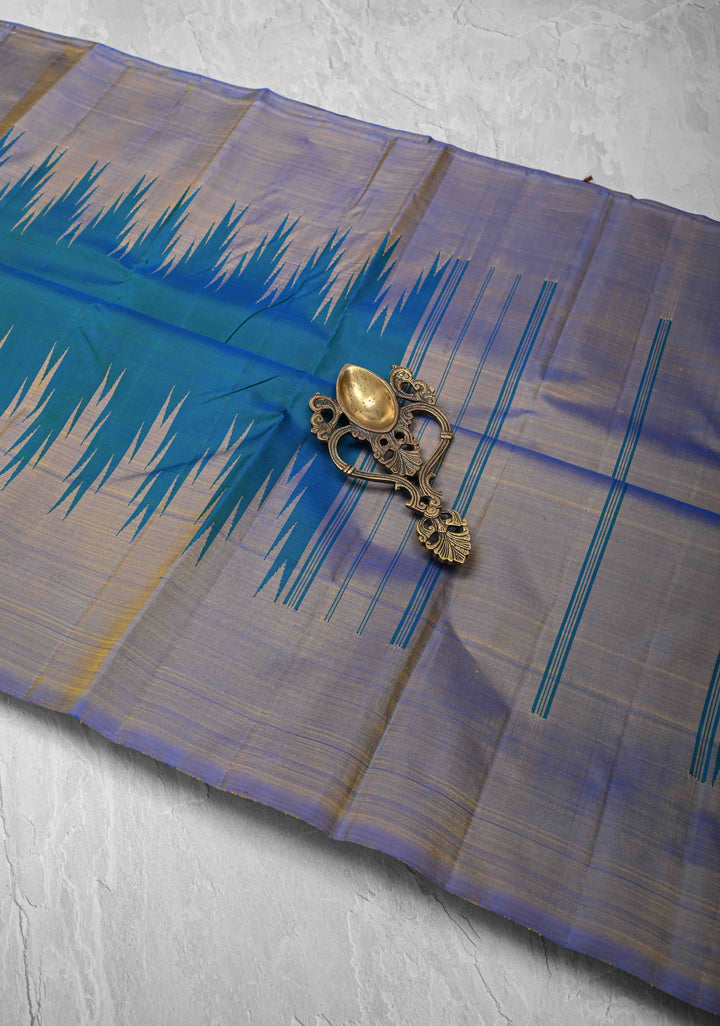 Peacock Blue and Green Dual tone Kanjivaram Pure Silk Saree with 2 side wide Silken Temple Border | SILK MARK CERTIFIED