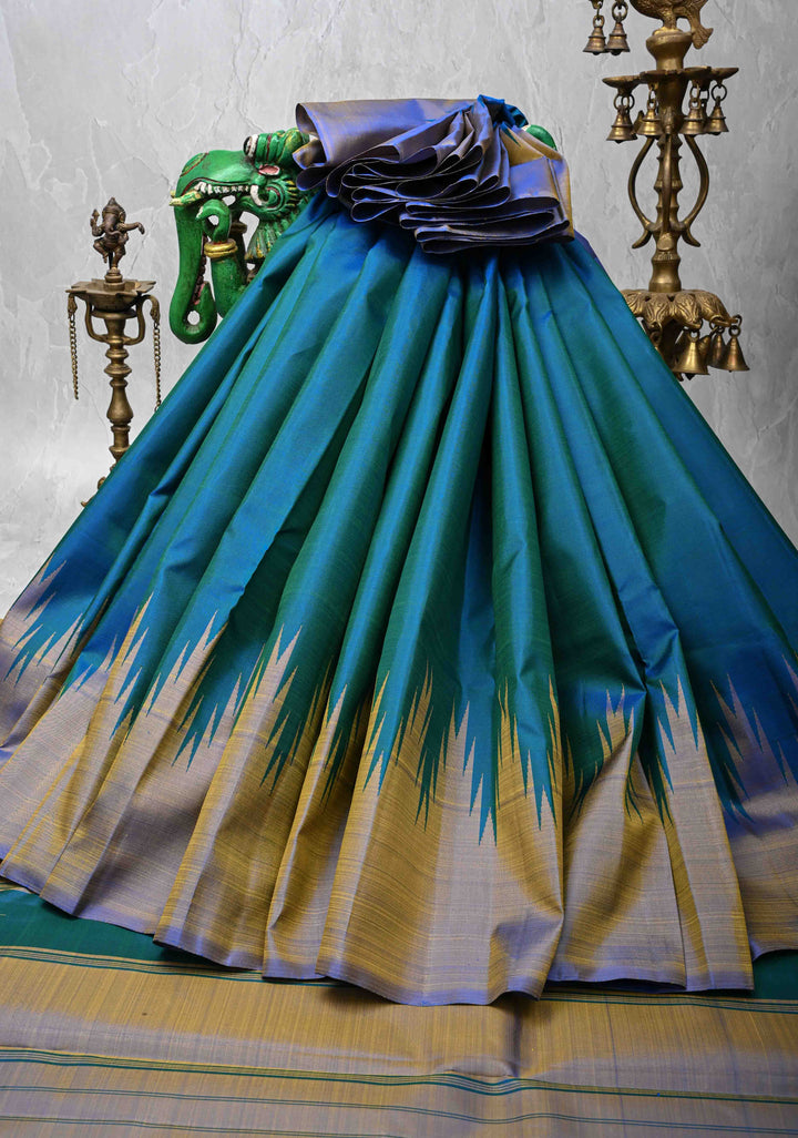 Peacock Blue and Green Dual tone Kanjivaram Pure Silk Saree with 2 side wide Silken Temple Border | SILK MARK CERTIFIED