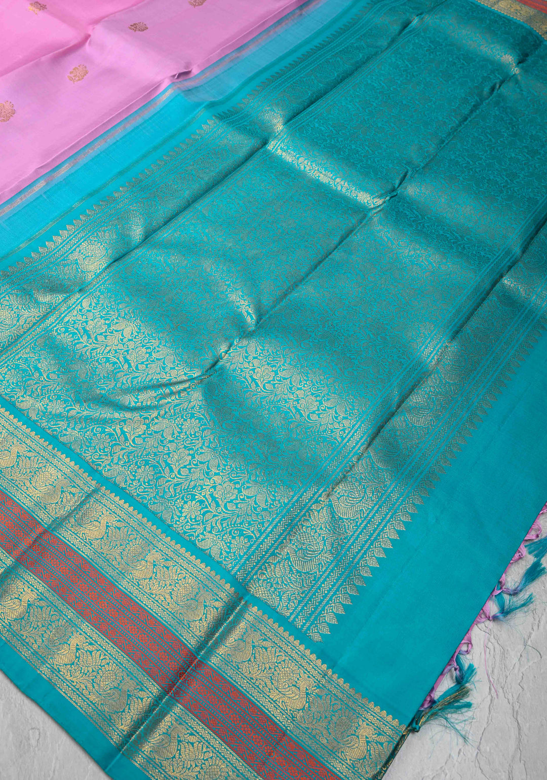Pink Kanjivaram Pure Silk Saree with Zari Buttas and Contrast Zari Border | SILK MARK CERTIFIED
