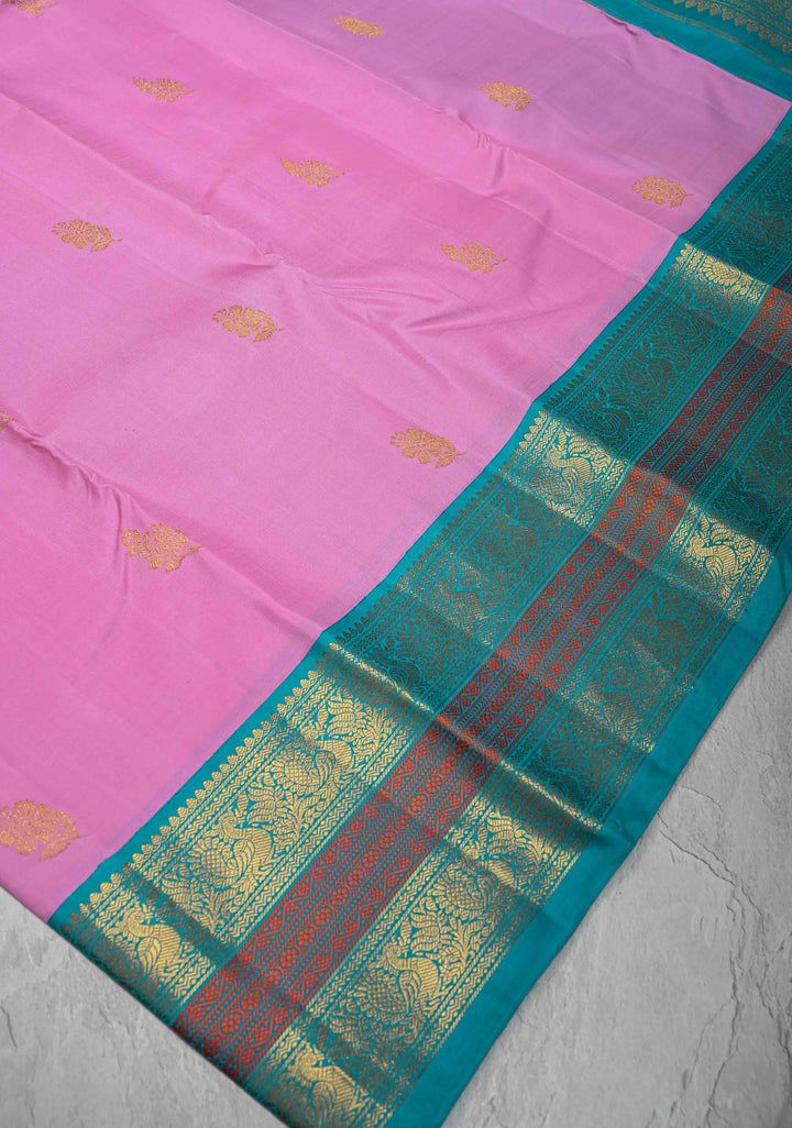 Pink Kanjivaram Pure Silk Saree with Zari Buttas and Contrast Zari Border | SILK MARK CERTIFIED