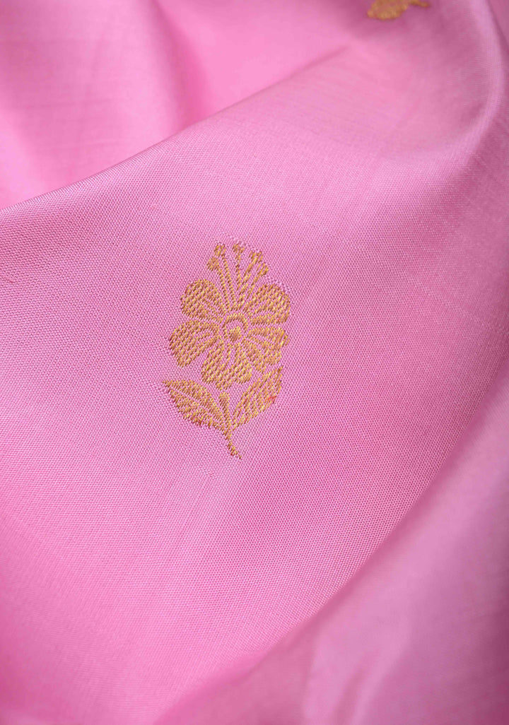 Pink Kanjivaram Pure Silk Saree with Zari Buttas and Contrast Zari Border | SILK MARK CERTIFIED