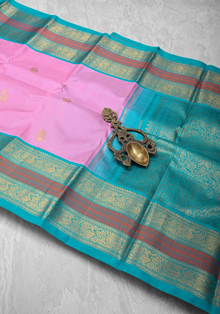 Pink Kanjivaram Pure Silk Saree with Zari Buttas and Contrast Zari Border | SILK MARK CERTIFIED