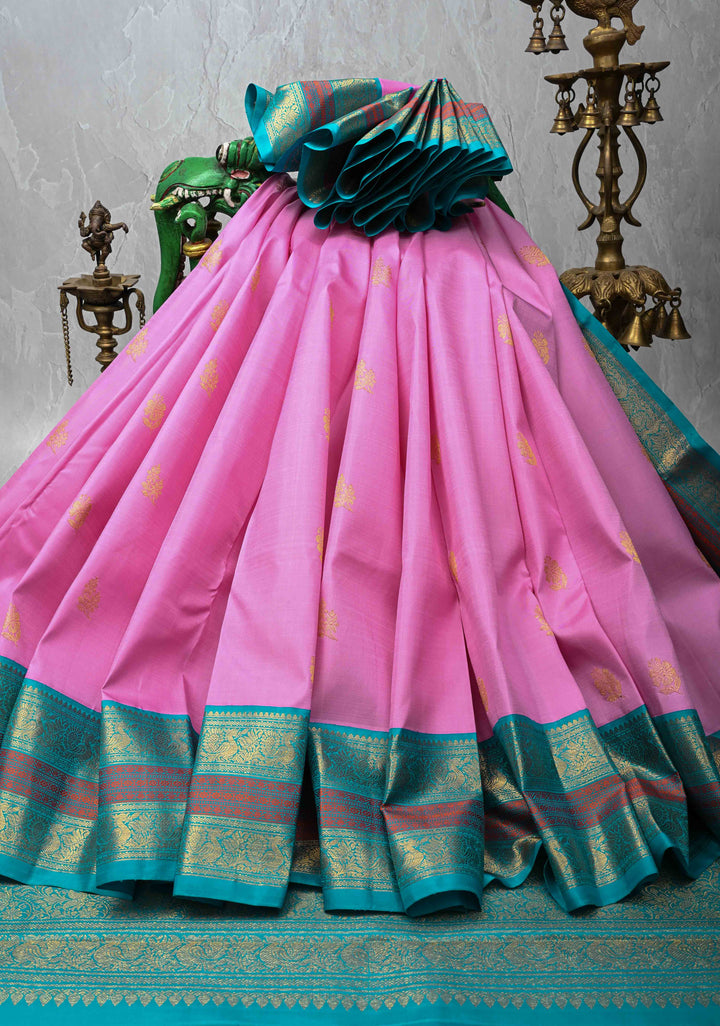 Pink Kanjivaram Pure Silk Saree with Zari Buttas and Contrast Zari Border | SILK MARK CERTIFIED