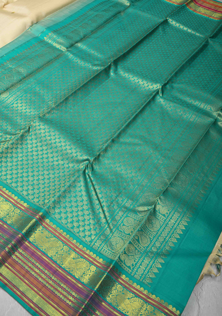 Cream Kanjivaram Pure Silk Saree with Zari Buttas and Contrast Zari Border | SILK MARK CERTIFIED