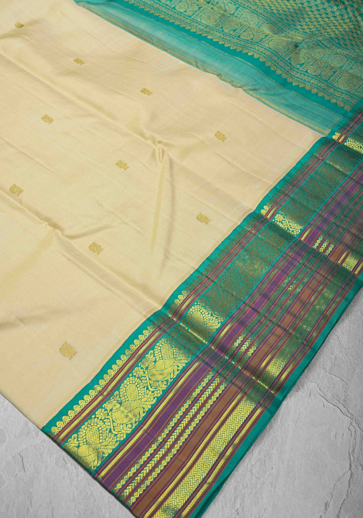 Cream Kanjivaram Pure Silk Saree with Zari Buttas and Contrast Zari Border | SILK MARK CERTIFIED