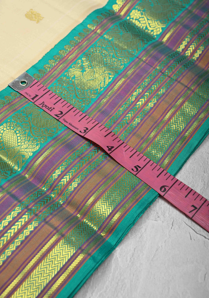 Cream Kanjivaram Pure Silk Saree with Zari Buttas and Contrast Zari Border | SILK MARK CERTIFIED