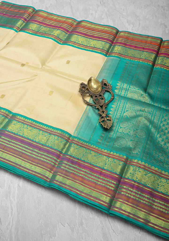 Cream Kanjivaram Pure Silk Saree with Zari Buttas and Contrast Zari Border | SILK MARK CERTIFIED