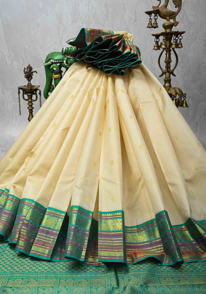 Cream Kanjivaram Pure Silk Saree with Zari Buttas and Contrast Zari Border | SILK MARK CERTIFIED
