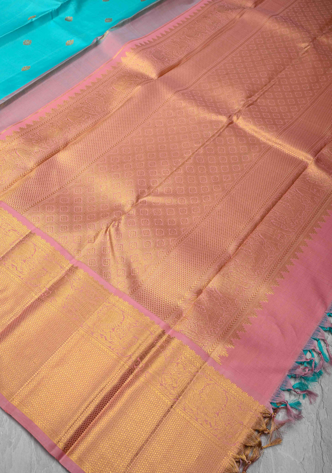 Turquoise Kanjivaram Pure Silk Saree with Floral Buttas and Contrast Zari Border | SILK MARK CERTIFIED