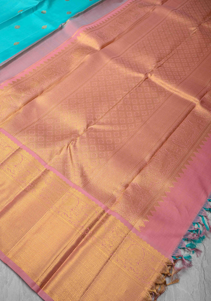 Turquoise Kanjivaram Pure Silk Saree with Floral Buttas and Contrast Zari Border | SILK MARK CERTIFIED