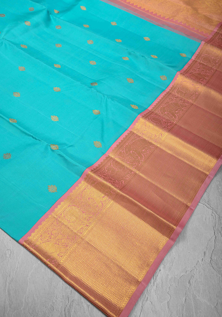 Turquoise Kanjivaram Pure Silk Saree with Floral Buttas and Contrast Zari Border | SILK MARK CERTIFIED
