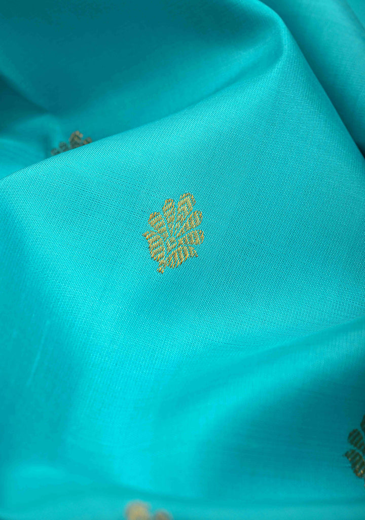 Turquoise Kanjivaram Pure Silk Saree with Floral Buttas and Contrast Zari Border | SILK MARK CERTIFIED