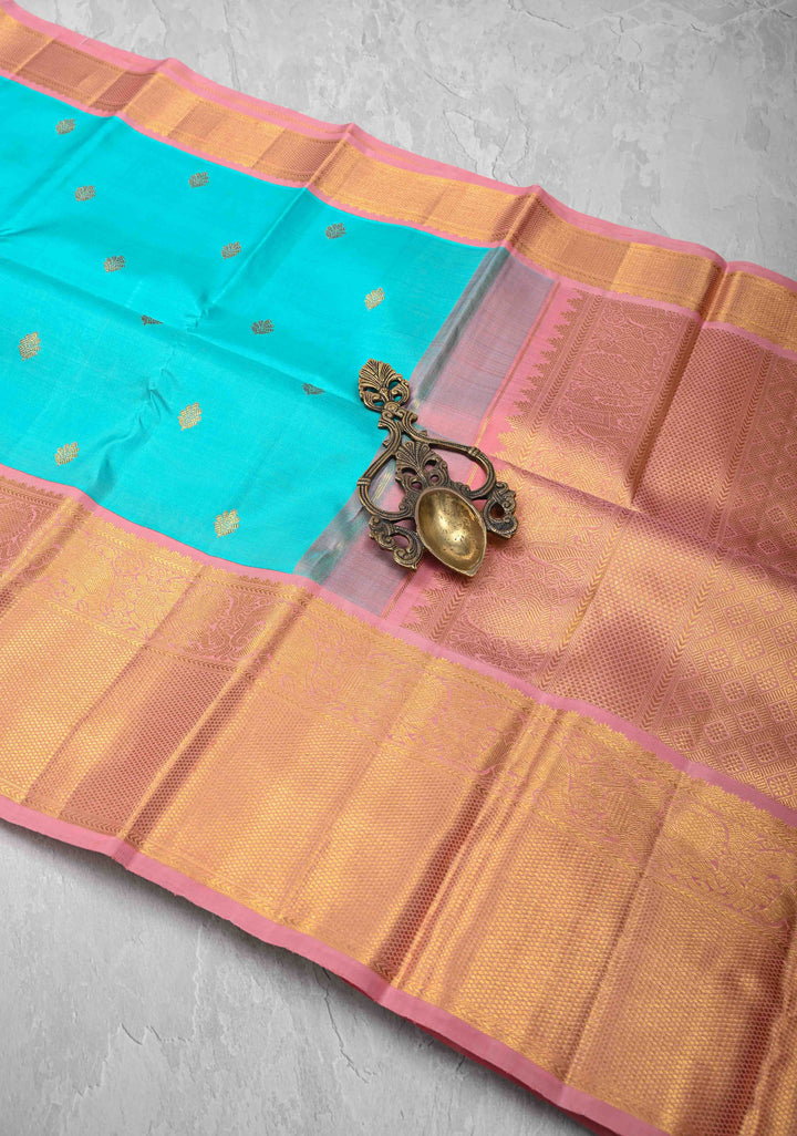 Turquoise Kanjivaram Pure Silk Saree with Floral Buttas and Contrast Zari Border | SILK MARK CERTIFIED