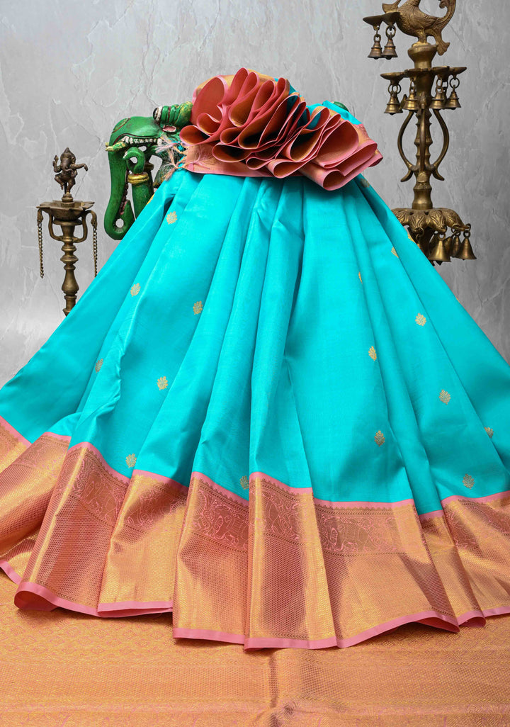 Turquoise Kanjivaram Pure Silk Saree with Floral Buttas and Contrast Zari Border | SILK MARK CERTIFIED