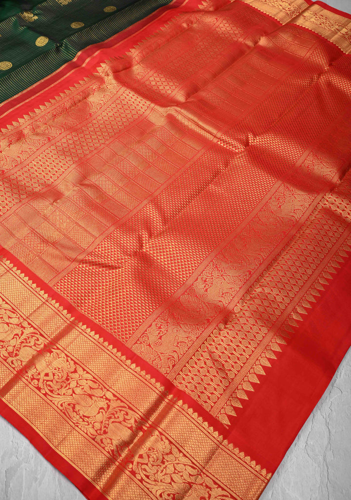 Bottle Green Kanjivaram Pure Silk Saree with Zari Stripes  Buttas and Contrast  Border | SILK MARK CERTIFIED
