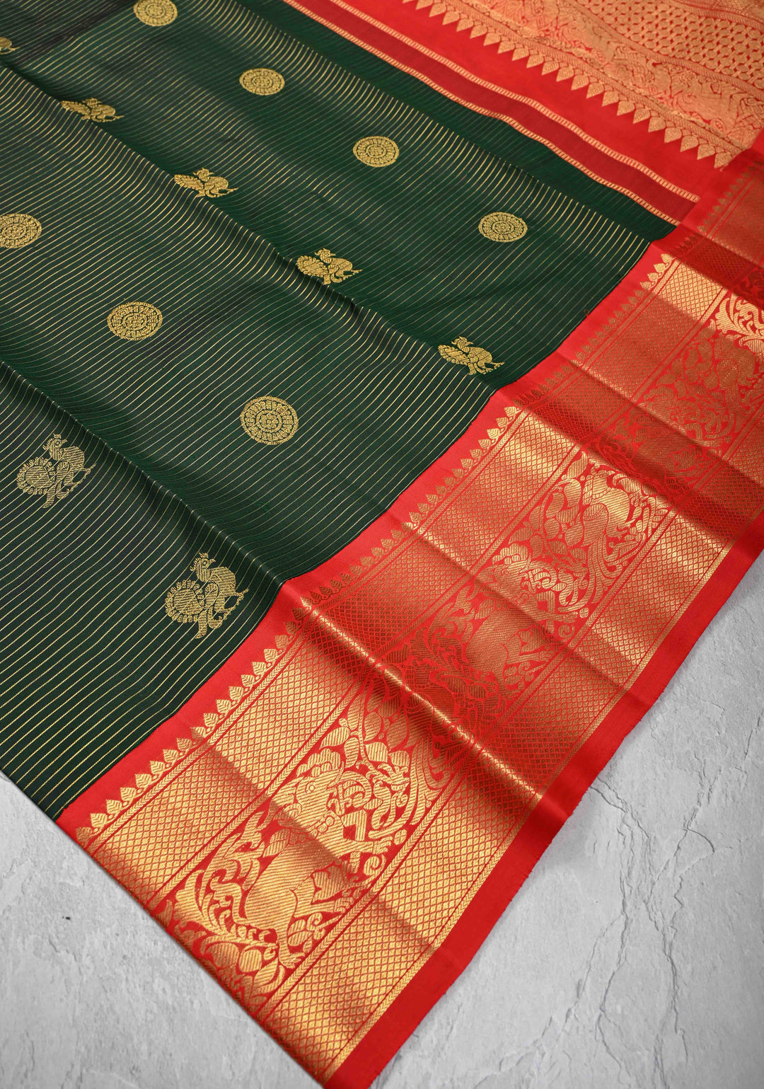 Bottle Green Kanjivaram Pure Silk Saree with Zari Stripes  Buttas and Contrast  Border | SILK MARK CERTIFIED