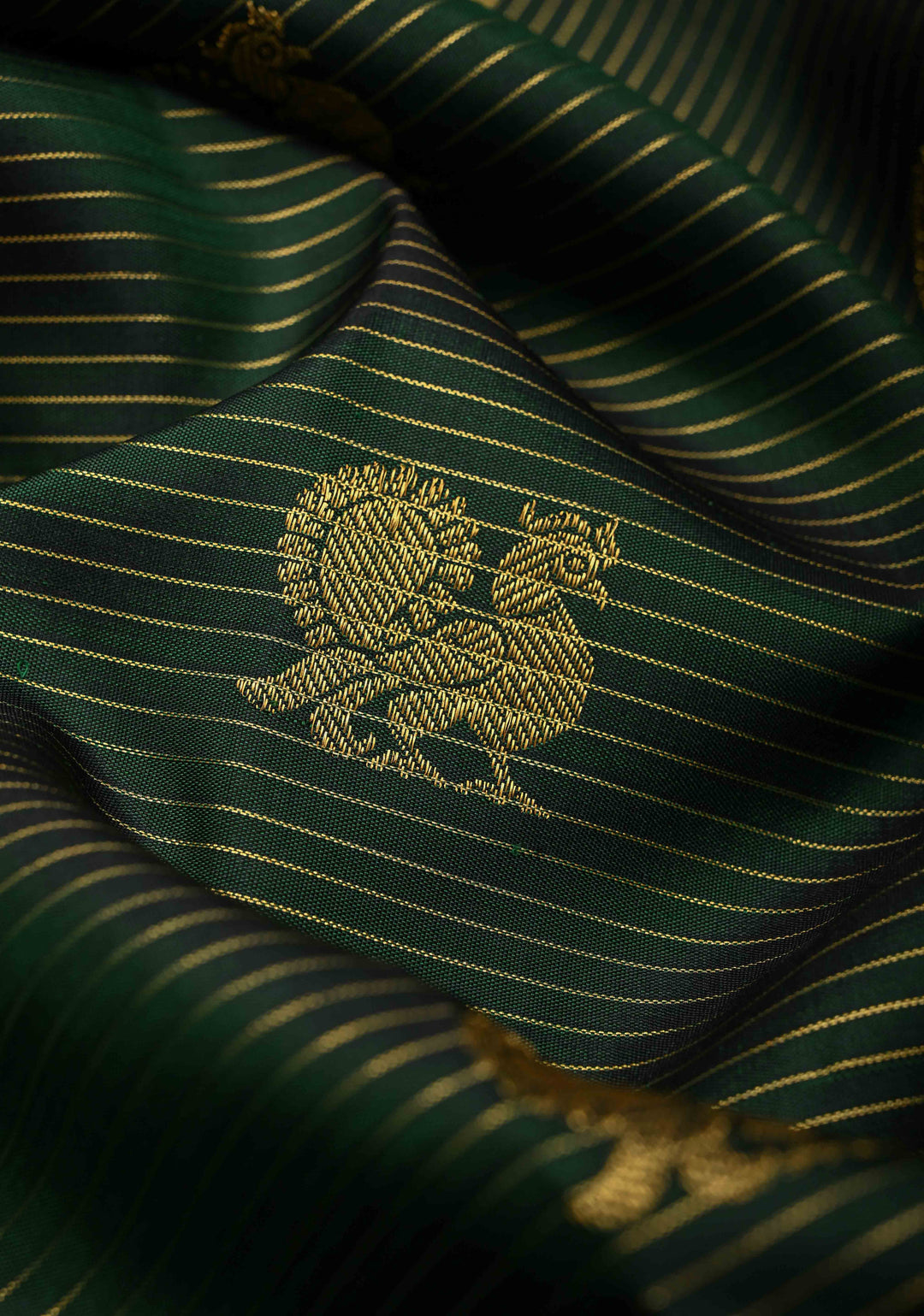 Bottle Green Kanjivaram Pure Silk Saree with Zari Stripes  Buttas and Contrast  Border | SILK MARK CERTIFIED
