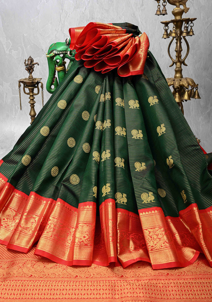 Bottle Green Kanjivaram Pure Silk Saree with Zari Stripes  Buttas and Contrast  Border | SILK MARK CERTIFIED