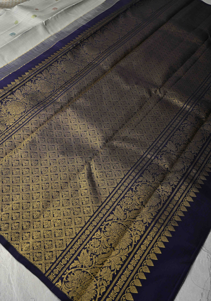 Gray Borderless Pure Kanjivaram Silk Saree with Meena Zari Buttas and Contrast Pallu   | SILK MARK CERTIFIED