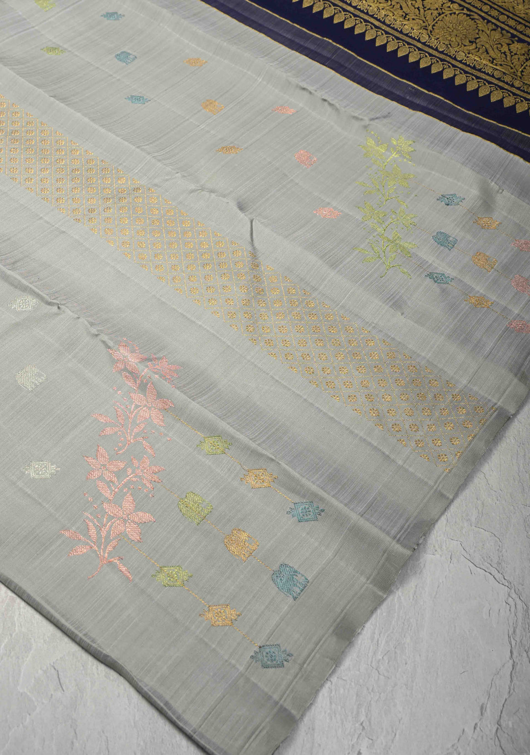 Gray Borderless Pure Kanjivaram Silk Saree with Meena Zari Buttas and Contrast Pallu   | SILK MARK CERTIFIED