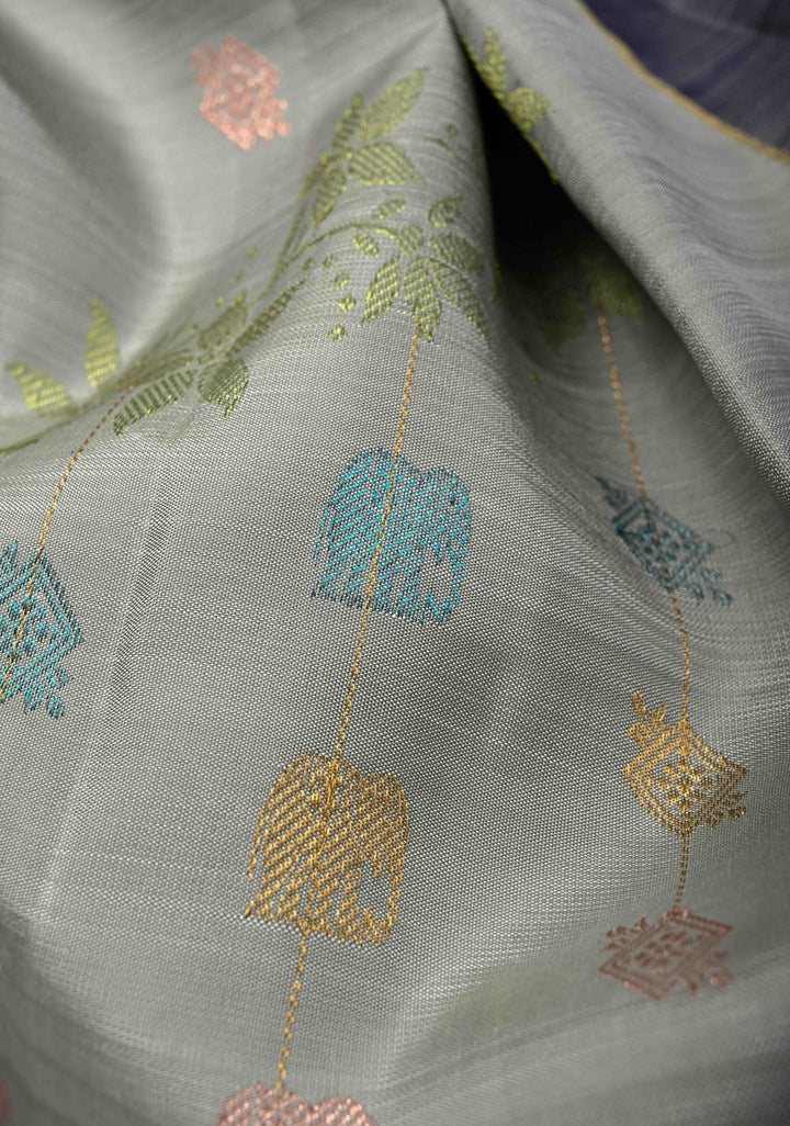 Gray Borderless Pure Kanjivaram Silk Saree with Meena Zari Buttas and Contrast Pallu   | SILK MARK CERTIFIED