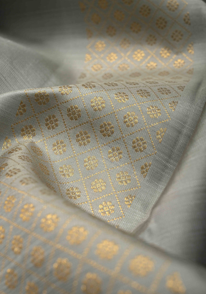 Gray Borderless Pure Kanjivaram Silk Saree with Meena Zari Buttas and Contrast Pallu   | SILK MARK CERTIFIED