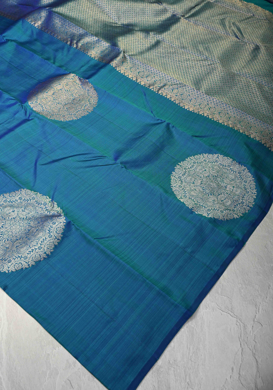 Borderless Peacock Dual Tone Pure Kanjivaram Silk Saree with Mandala Motifs  | SILK MARK CERTIFIED