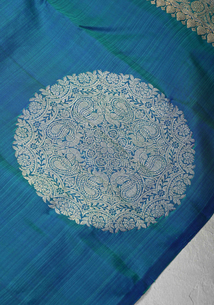 Borderless Peacock Dual Tone Pure Kanjivaram Silk Saree with Mandala Motifs  | SILK MARK CERTIFIED