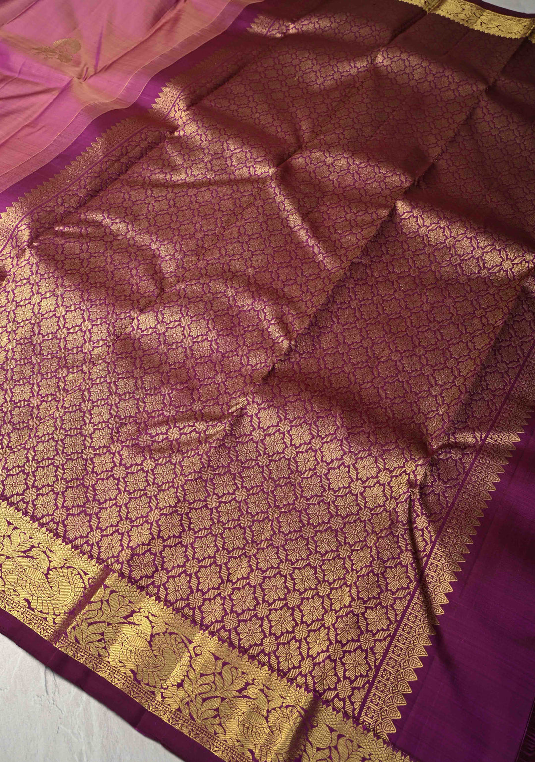 Deep Rose Kanjivaram Pure Silk Saree with Zari Buttas and Small Zari Border | SILK MARK CERTIFIED