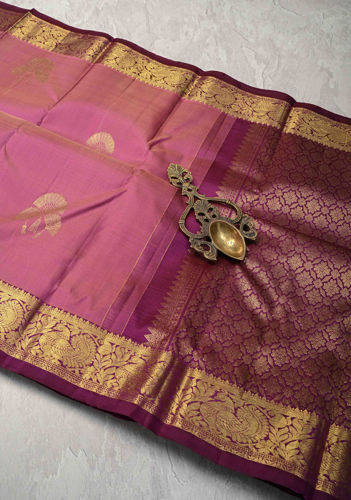 Deep Rose Kanjivaram Pure Silk Saree with Zari Buttas and Small Zari Border | SILK MARK CERTIFIED