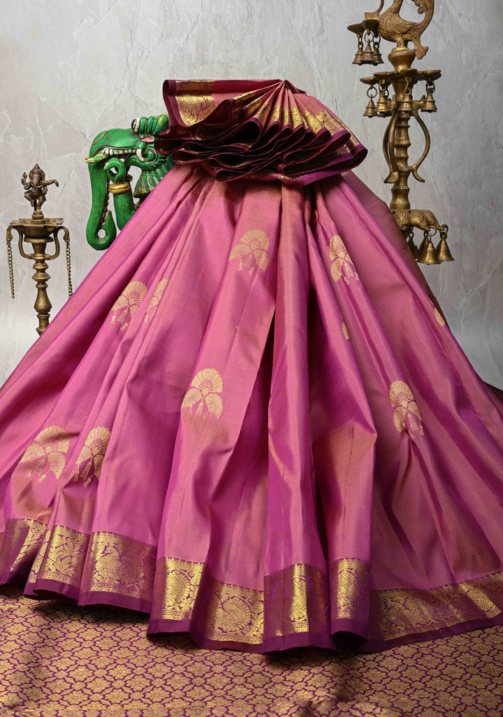 Deep Rose Kanjivaram Pure Silk Saree with Zari Buttas and Small Zari Border | SILK MARK CERTIFIED