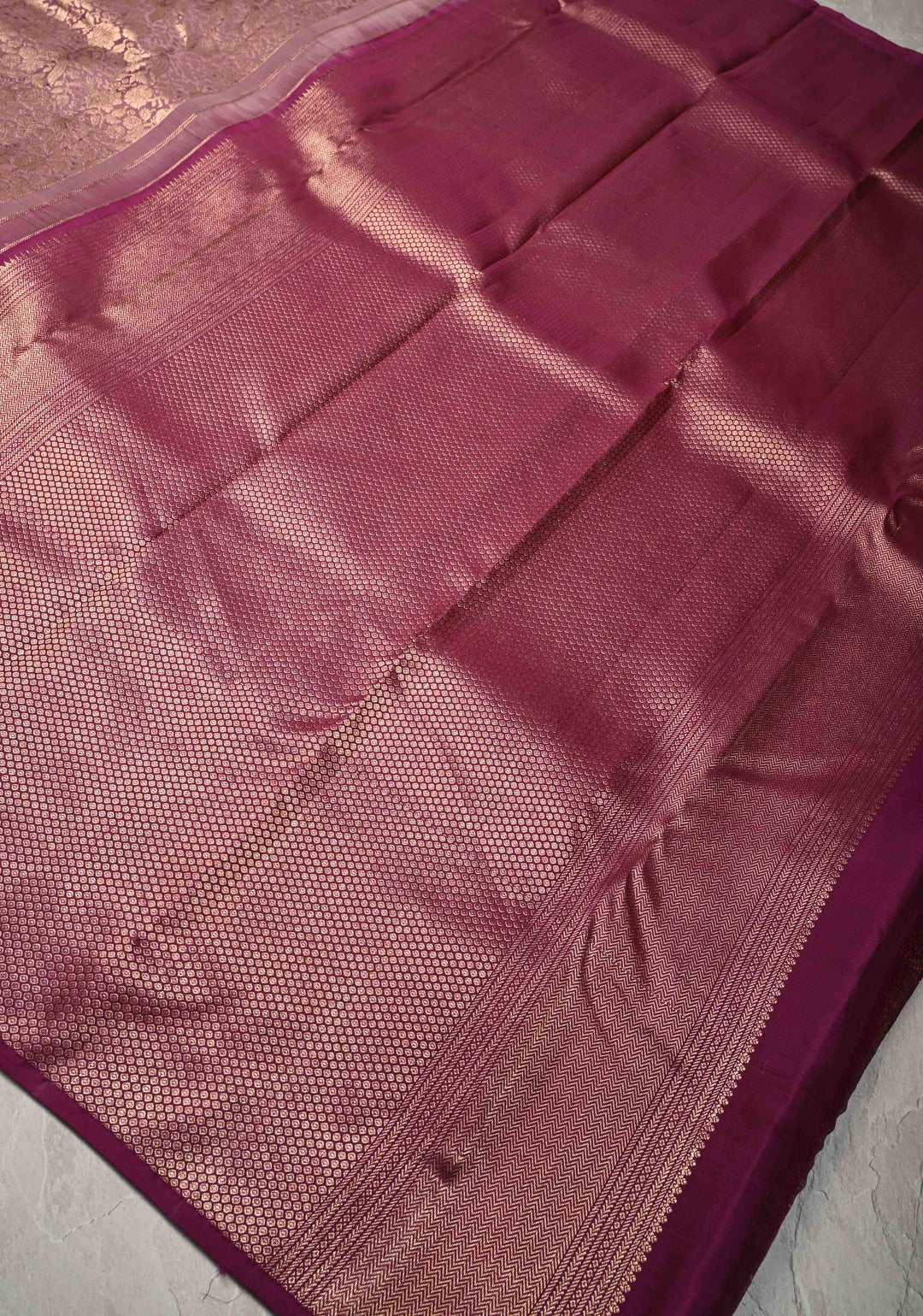 Dusty Mauve Kanjivaram Pure Silk Saree with Meenakari Floral-Peacock Brocade and Wide Contrast Border | SILK MARK CERTIFIED