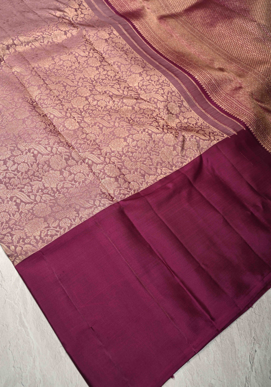 Dusty Mauve Kanjivaram Pure Silk Saree with Meenakari Floral-Peacock Brocade and Wide Contrast Border | SILK MARK CERTIFIED