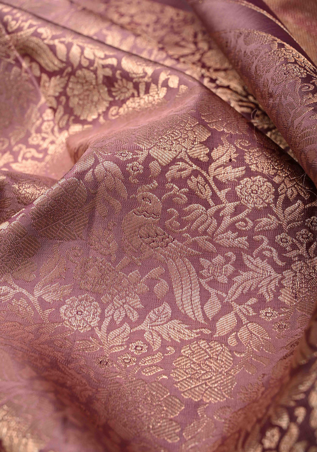 Dusty Mauve Kanjivaram Pure Silk Saree with Meenakari Floral-Peacock Brocade and Wide Contrast Border | SILK MARK CERTIFIED