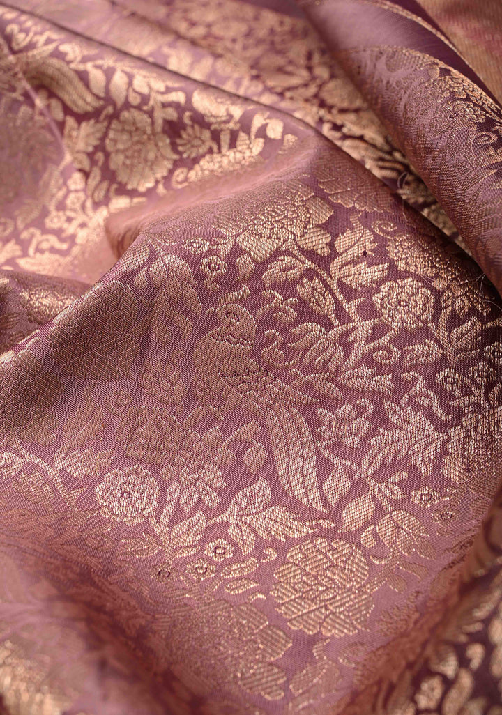 Dusty Mauve Kanjivaram Pure Silk Saree with Meenakari Floral-Peacock Brocade and Wide Contrast Border | SILK MARK CERTIFIED