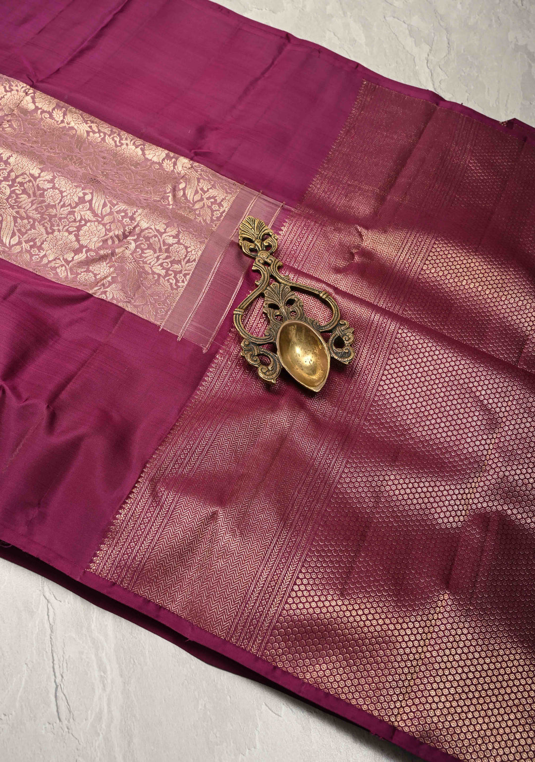 Dusty Mauve Kanjivaram Pure Silk Saree with Meenakari Floral-Peacock Brocade and Wide Contrast Border | SILK MARK CERTIFIED