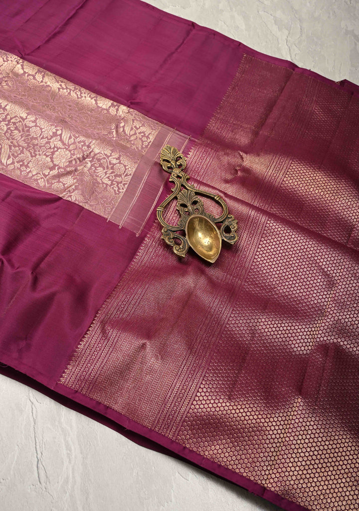 Dusty Mauve Kanjivaram Pure Silk Saree with Meenakari Floral-Peacock Brocade and Wide Contrast Border | SILK MARK CERTIFIED